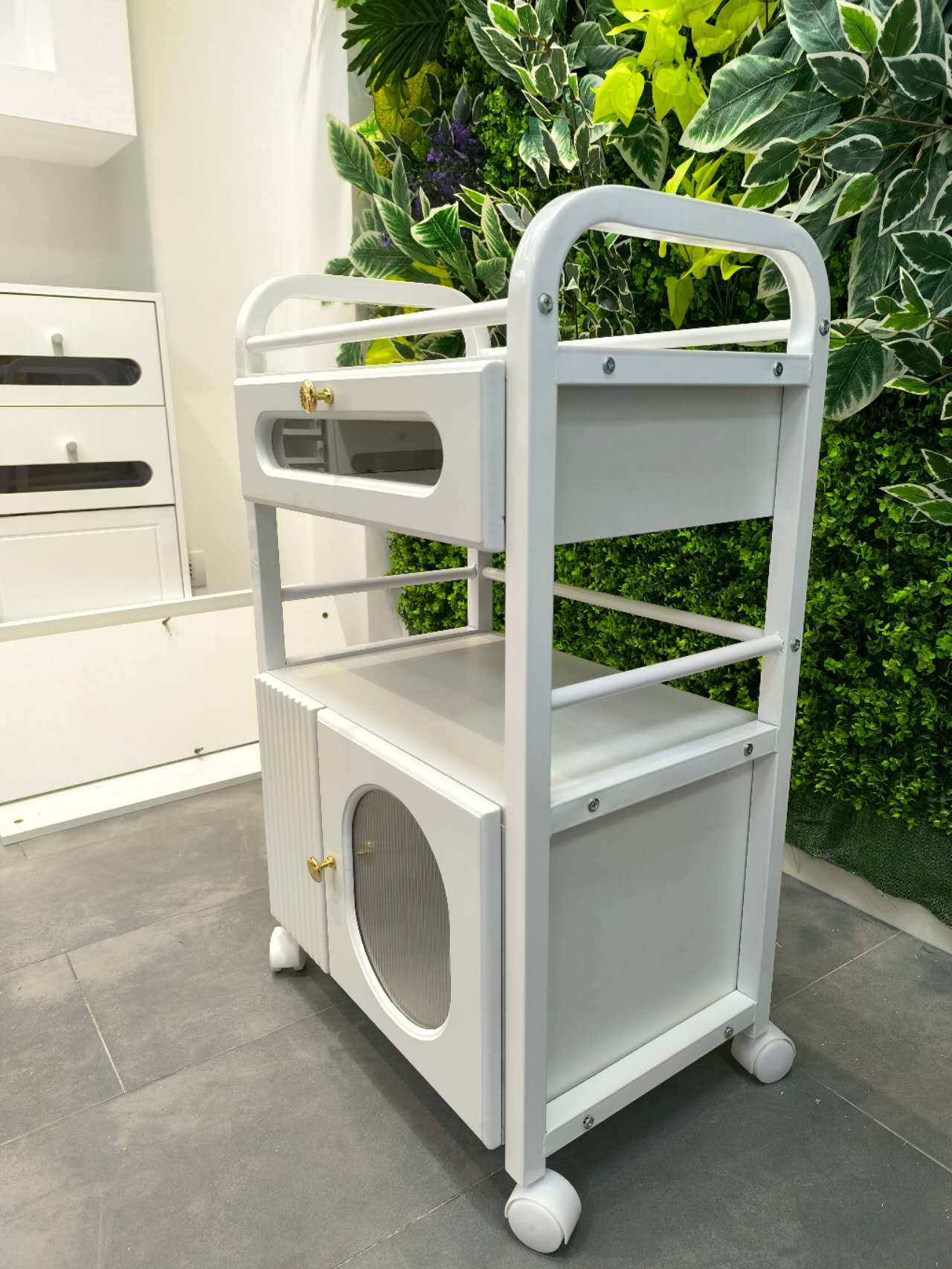 Carrello per centro estetico residenziale con rotelle e 1 cassetto, 1 armadietto trasparente, carrello bianco, carrello per salone di bellezza, carrello da lavoro moderno per bagno soggiorno
