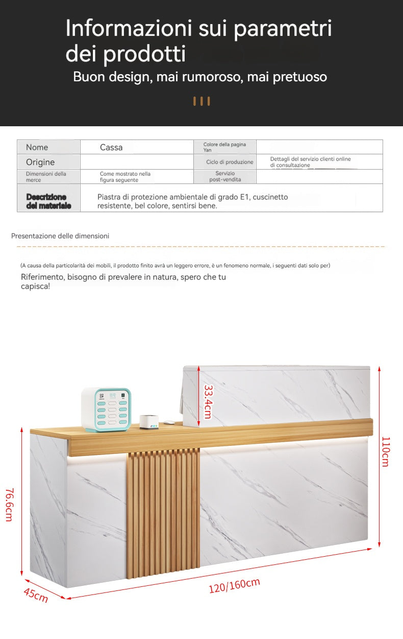 Bancone Reception Moderno in Effetto Marmo con Dettagli in Legno – Design Elegante per Negozio, Studio Estetico 120*110*45