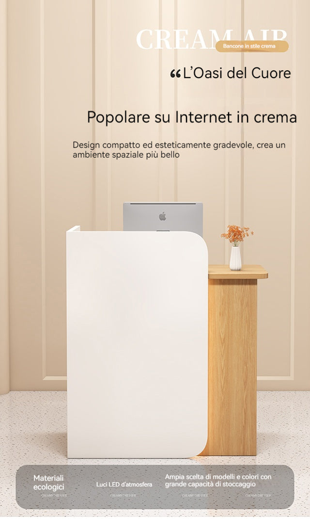 Bancone cassa piccolo e moderno Dotato di luci LED Cassetti con serratura per garantire la sicurezza degli oggetti di valore Ideale per negozi centri estetici e parrucchieri.Color bianco 95*45*100/140