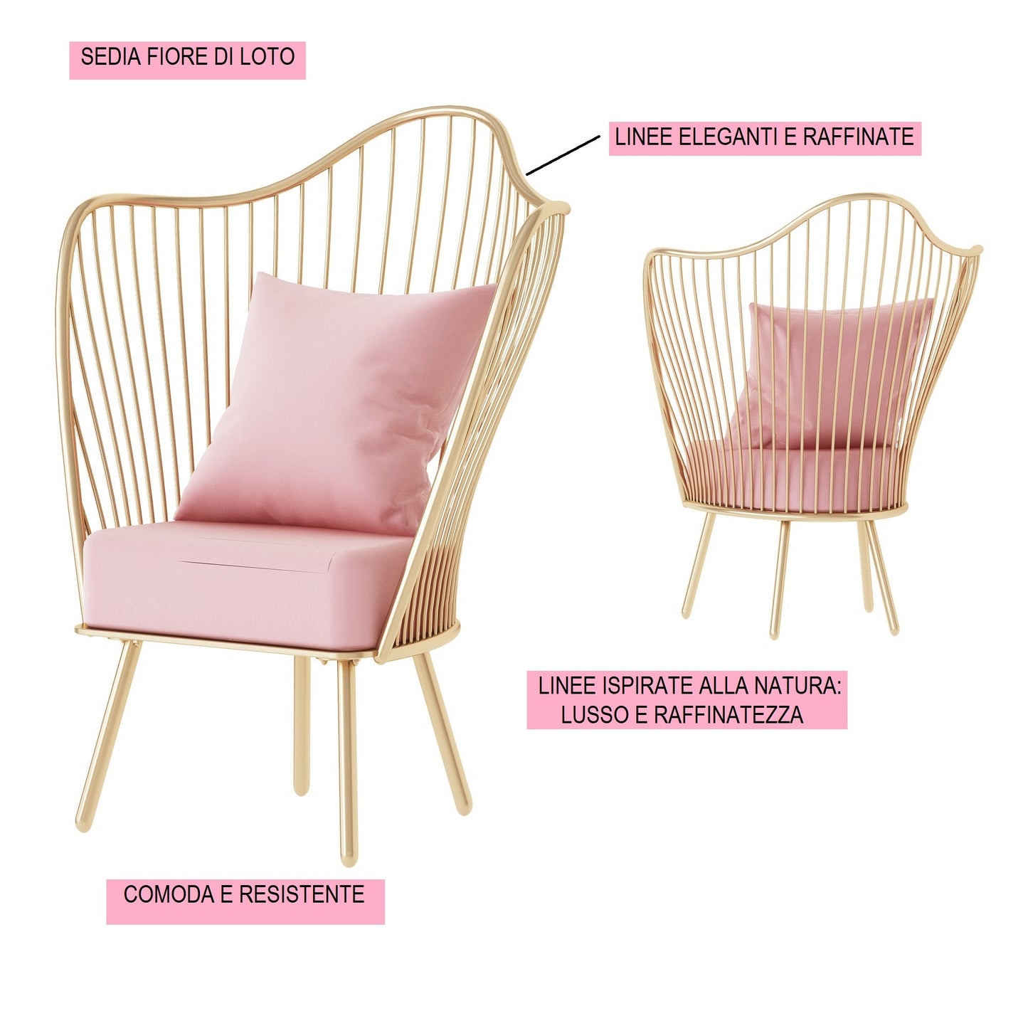 Sedia "foglia di loto" in metallo dorato, 76x61x108 cm