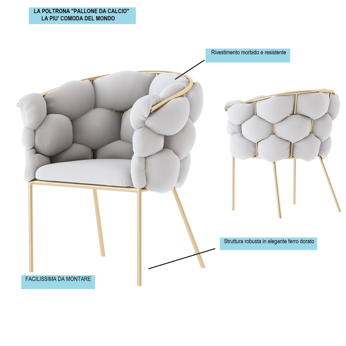 Poltrona "Pallone da Calcio" con Rivestimento in Tessuto Peluche Grigio e Base in Ferro Dorato - Dimensioni 67x59x75