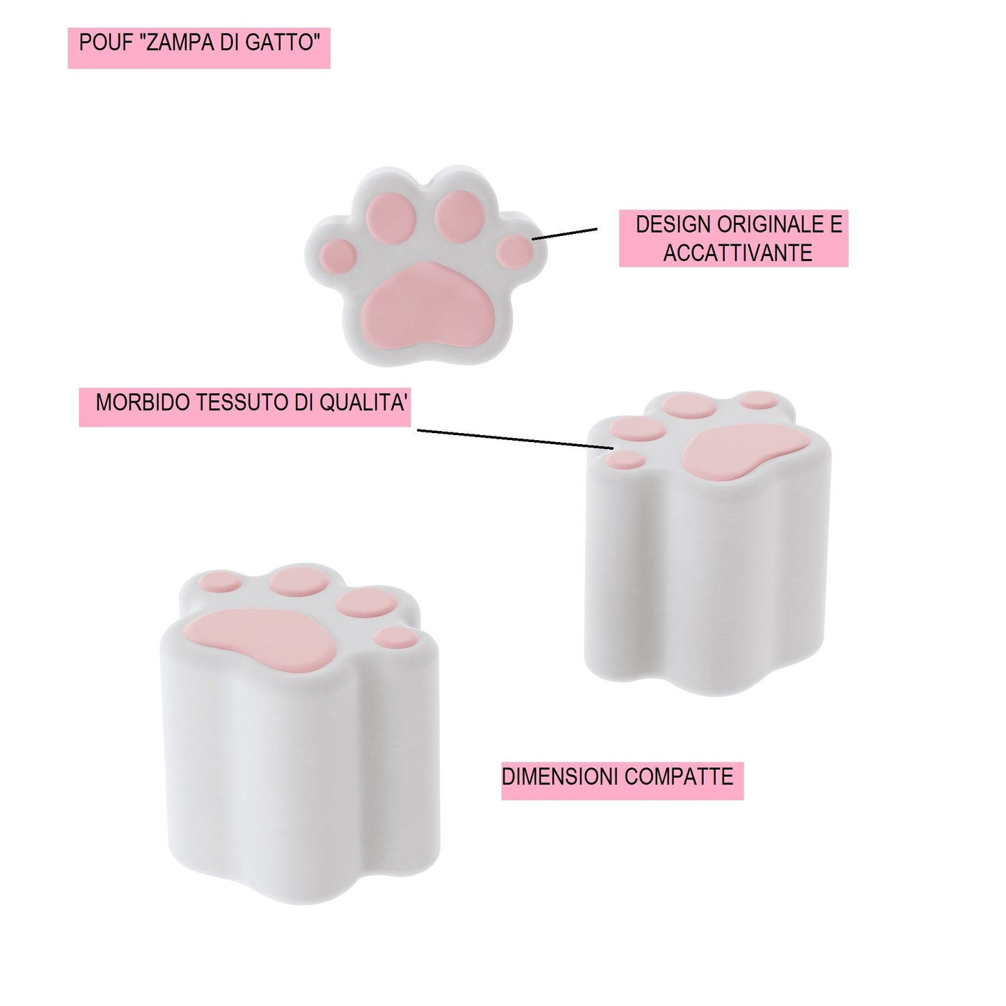 Pouf "Zampa di Gatto" in Morbido Velluto Grigio - Dimensioni 40x40x45cm