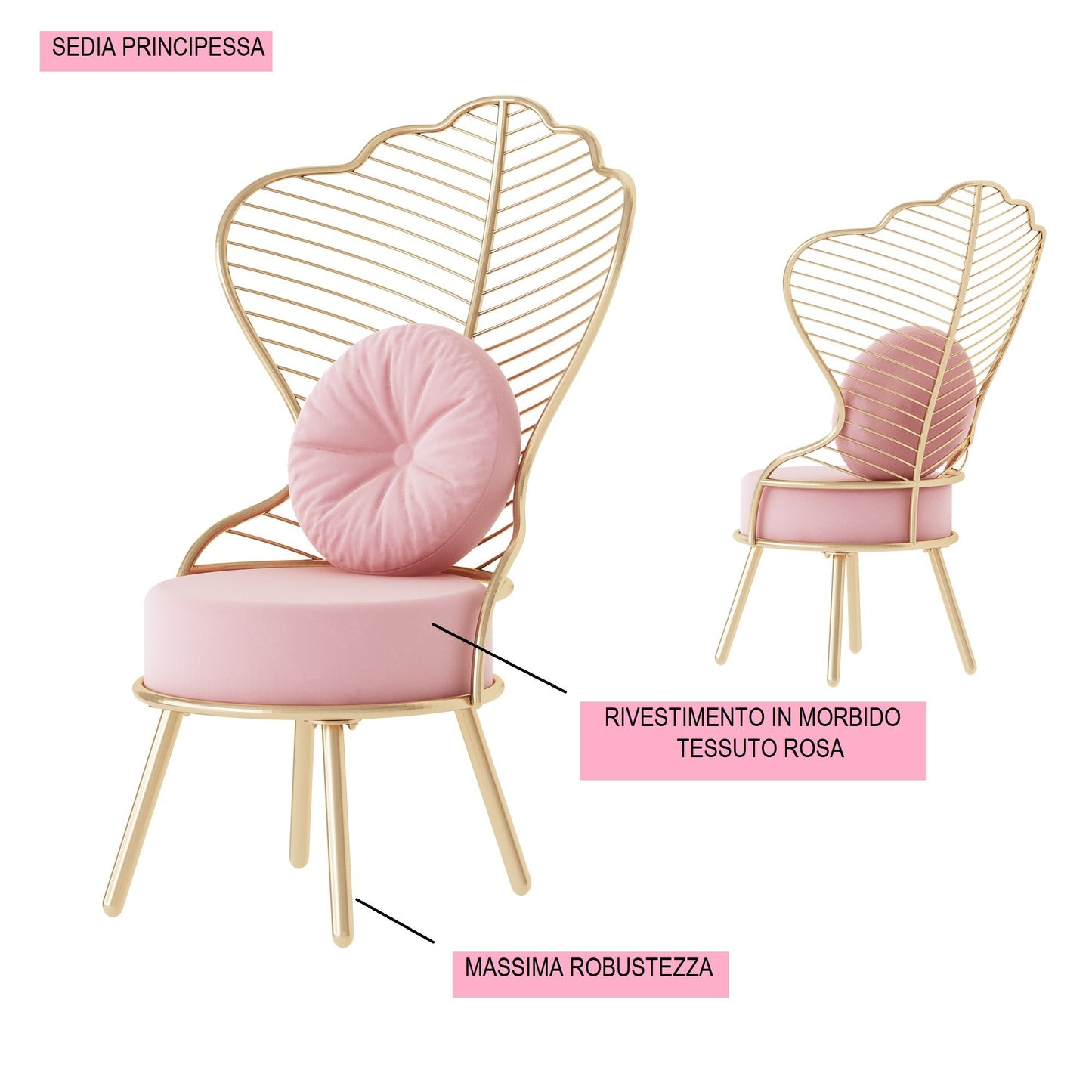 Sedia principessa dorata dimensioni 69x50x110 cm