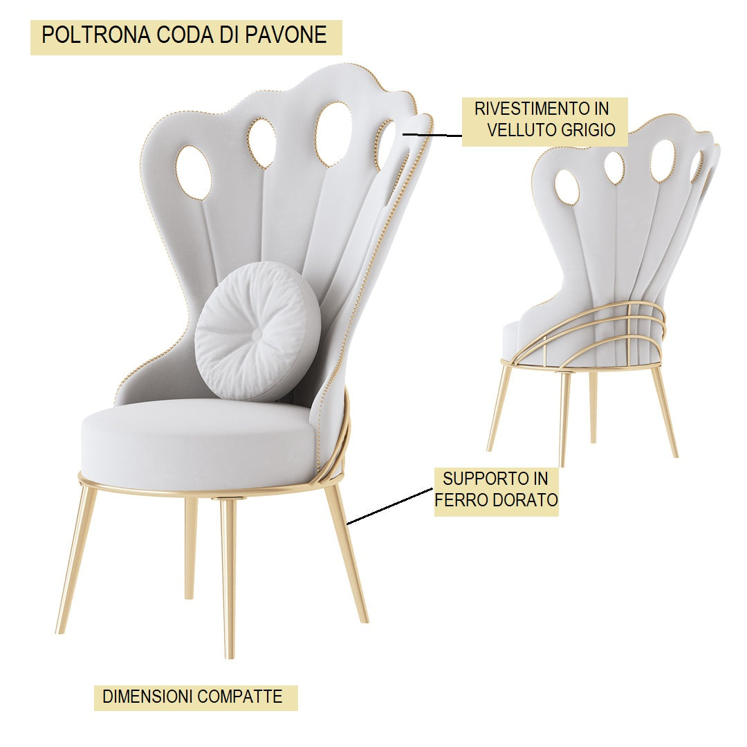Poltrona Pavone Grigia in Velluto con Supporto in Ferro Dorato