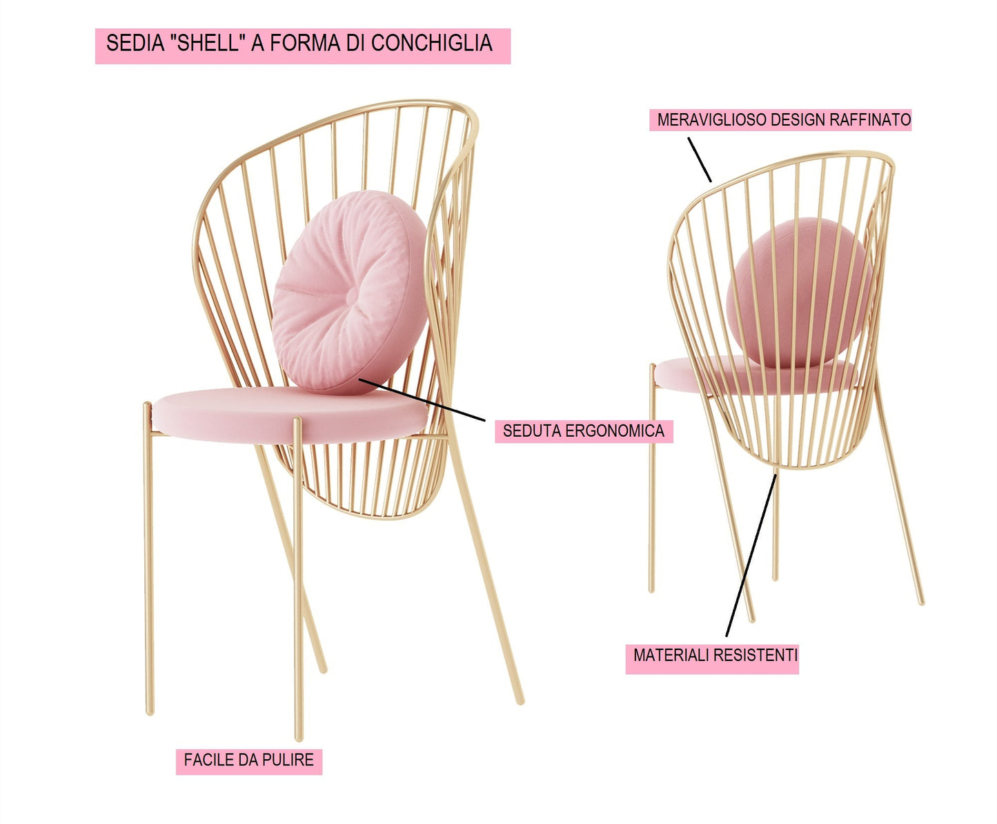 Sedia "Shell" Sedia in metallo dorato a forma di conchiglia - 50x45x96 cm