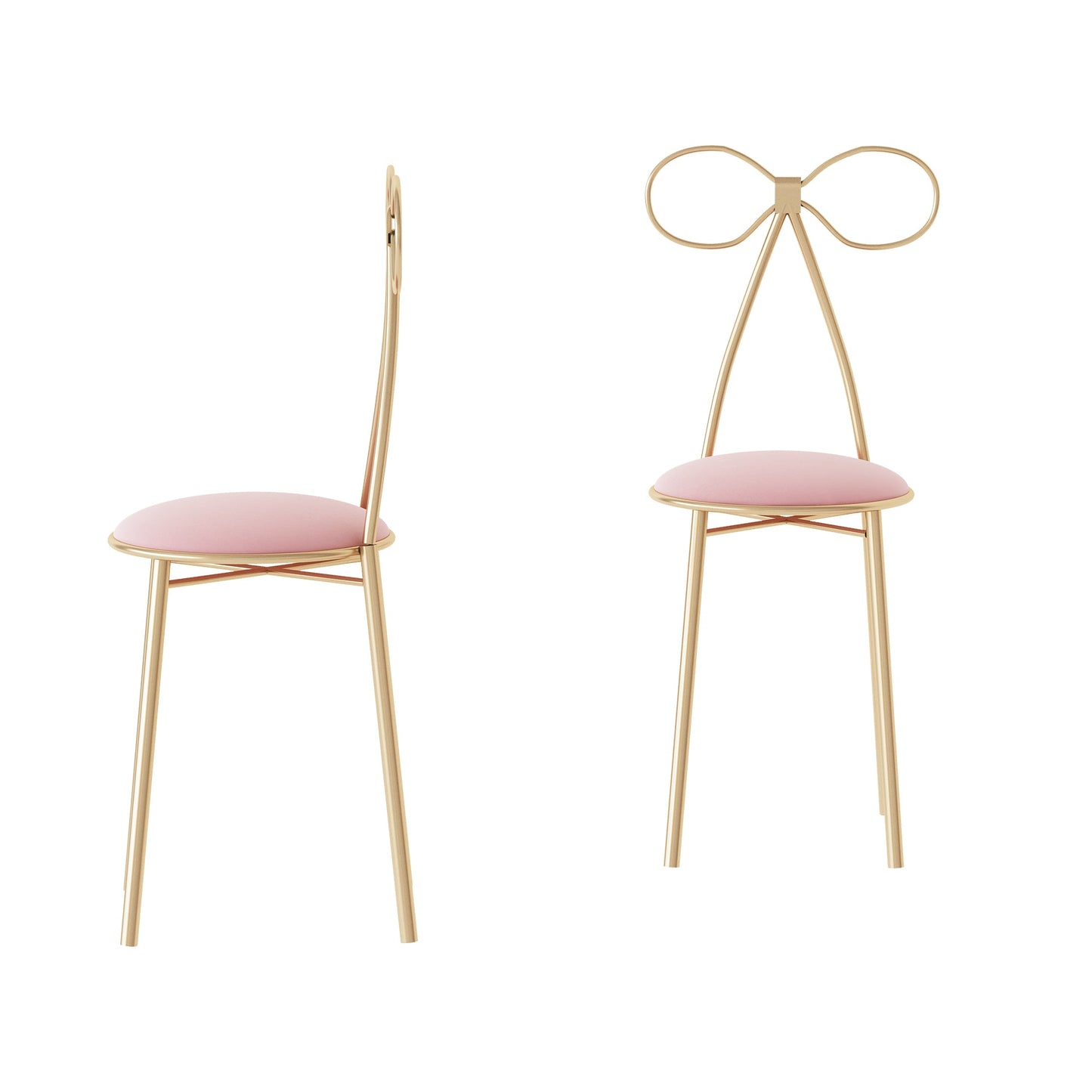 Sedia farfalla in tessuto vellutato rosa con struttura in ferro dorato