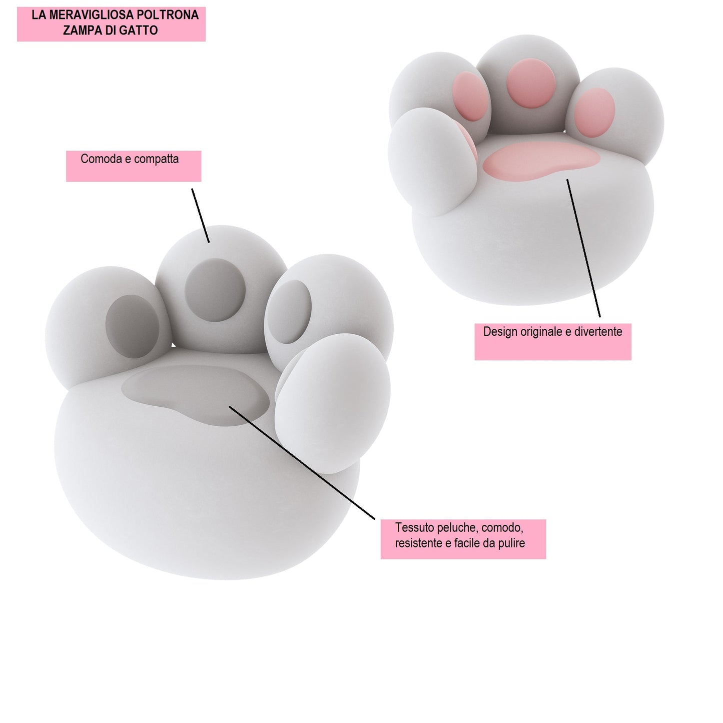 Poltrona "Zampa di Gatto" in Tessuto Peluche Grigio - Dimensioni 76x96x72