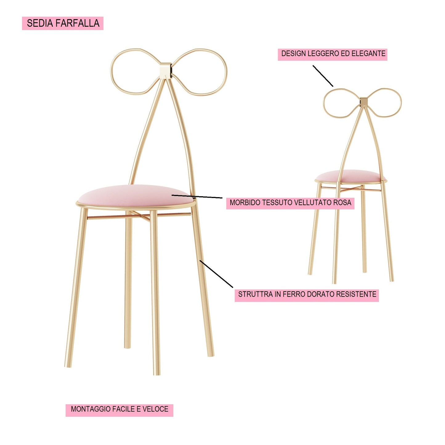 Sedia farfalla in tessuto vellutato rosa con struttura in ferro dorato