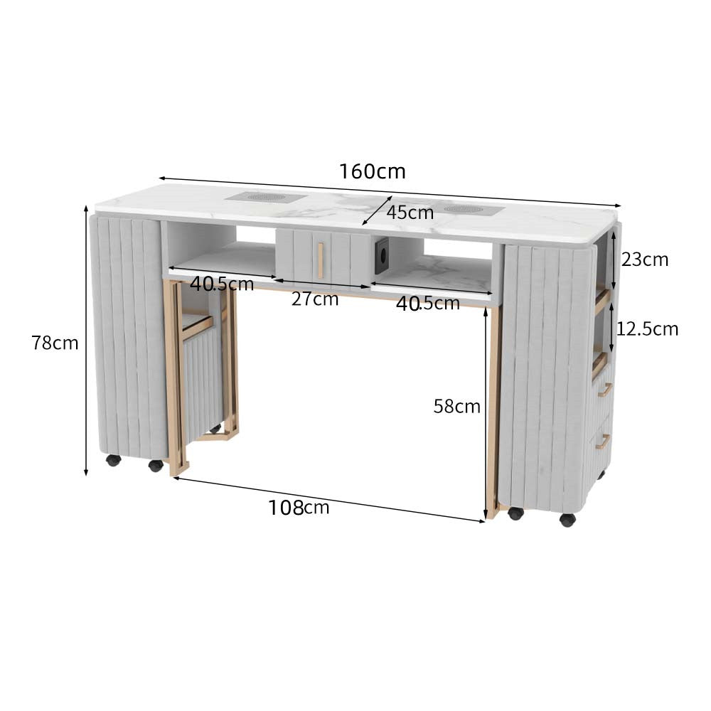 Tavolo per Manicure Professionale per Ricostruzione Unghie e Onicotecnica con 3 cassetti, aspiratore Integrato, Alimentazione Interna e Caricabatterie