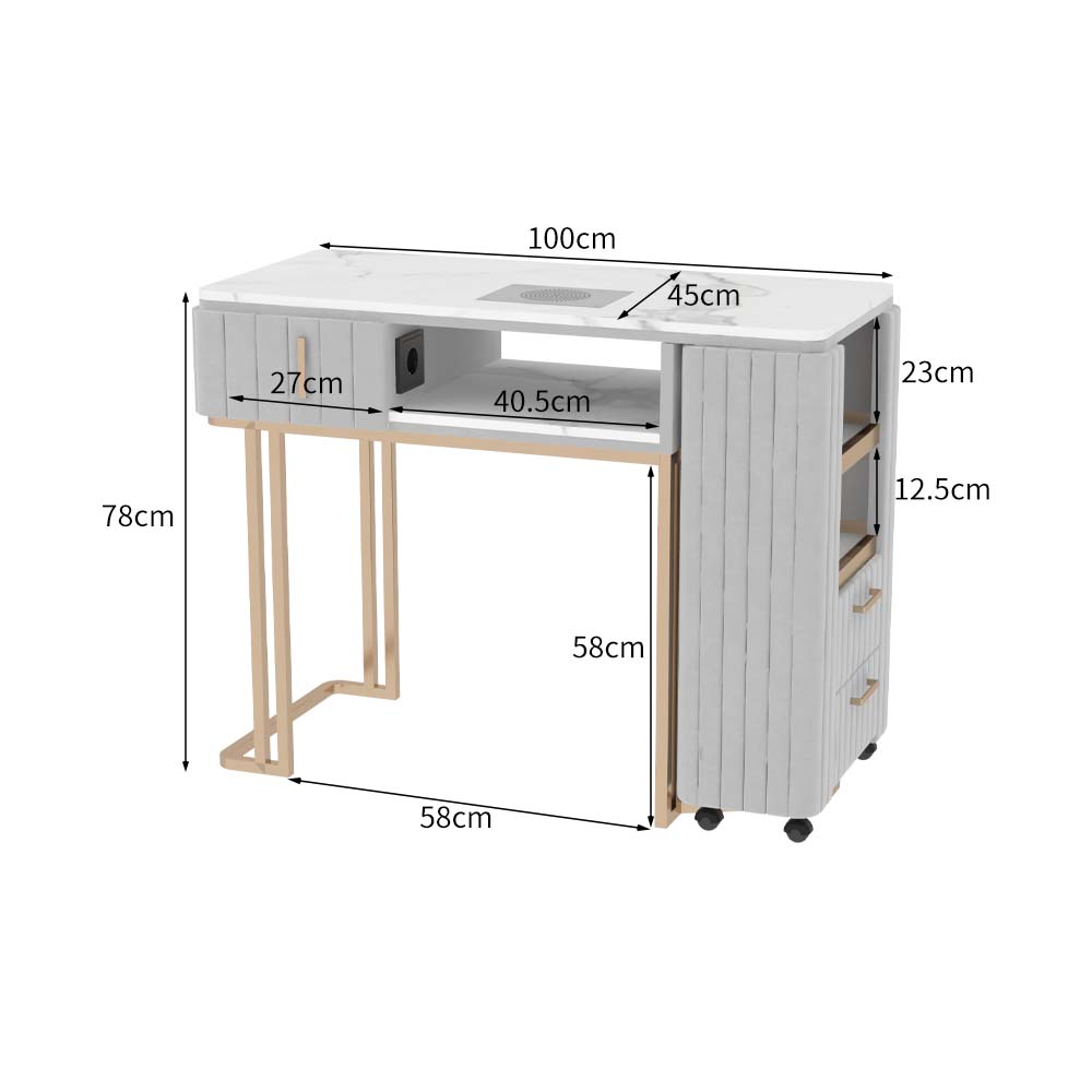 Tavolo per Manicure Professionale per Ricostruzione Unghie e Onicotecnica con 3 cassetti, aspiratore Integrato, Alimentazione Interna e Caricabatterie