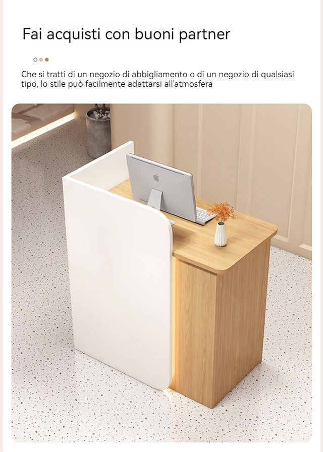 Bancone cassa piccolo e moderno Dotato di luci LED Cassetti con serratura per garantire la sicurezza degli oggetti di valore Ideale per negozi centri estetici e parrucchieri.Color bianco 95*45*100/140