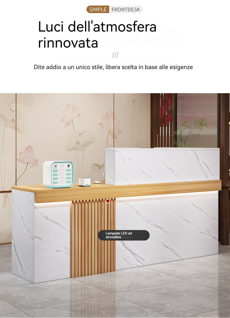 Bancone Reception Moderno in Effetto Marmo con Dettagli in Legno – Design Elegante per Negozio, Studio Estetico 120*110*45