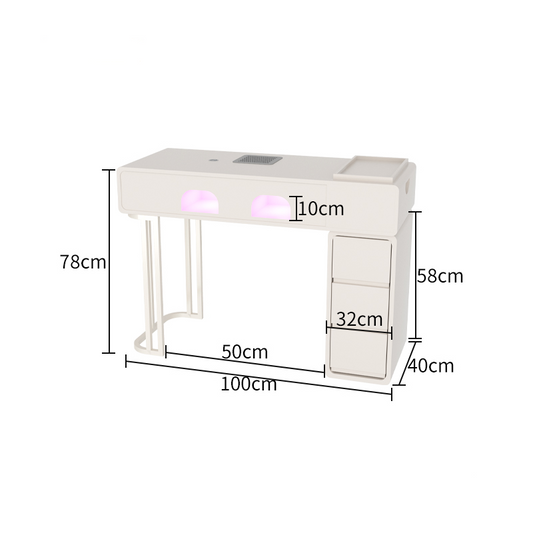 Tavolo da Manicure in Legno Massello Color Crema | Con Aspirapolvere ad Alta Potenza & Lampada a Induzione per Asciugatura | 100*40*78cm | 4 Cassetti + Ripiano Fisso | Perfetto per Professionisti