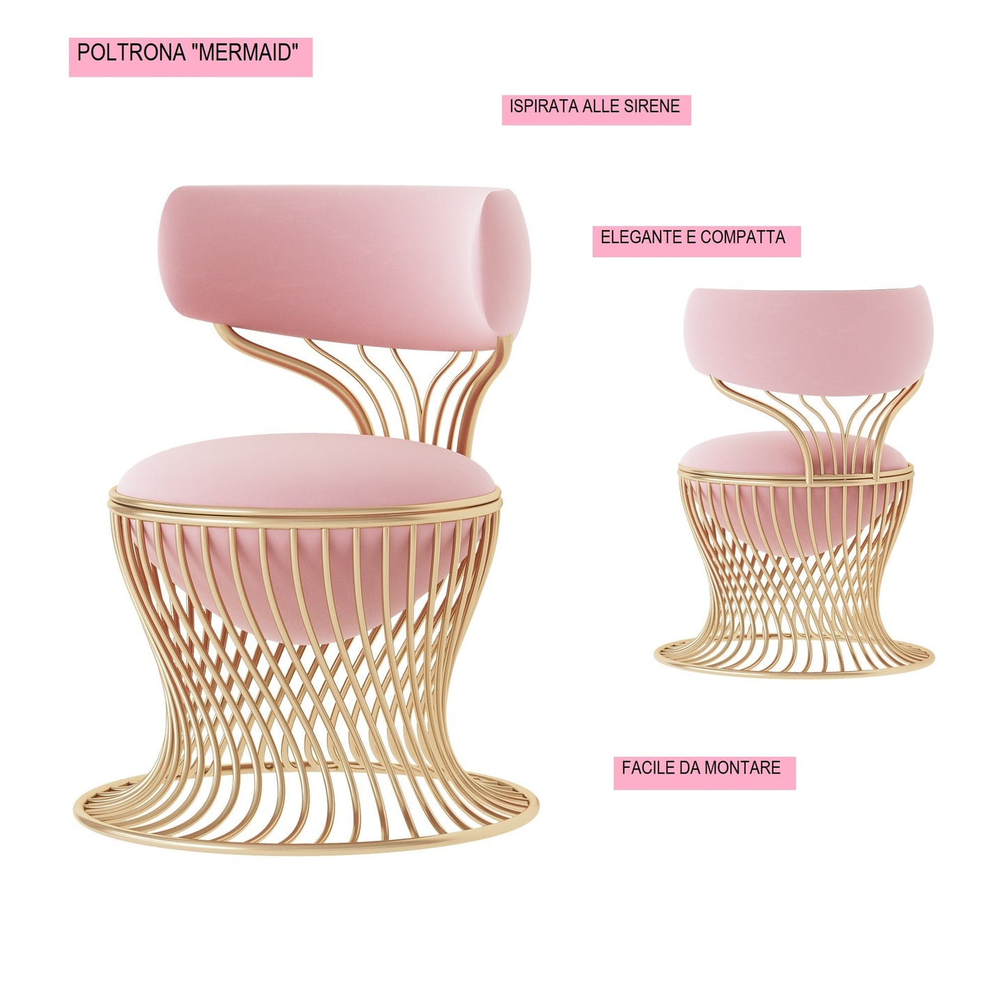 Sedia "Mermaid" dorata in metallo, design ispirato alle sirene, dimensioni 60x60x80 cm.