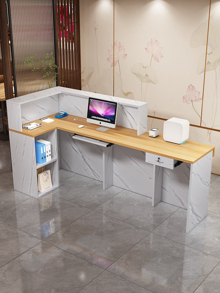 Bancone Reception Moderno in Effetto Marmo con Dettagli in Legno – Design Elegante per Negozio, Studio Estetico 120*110*45