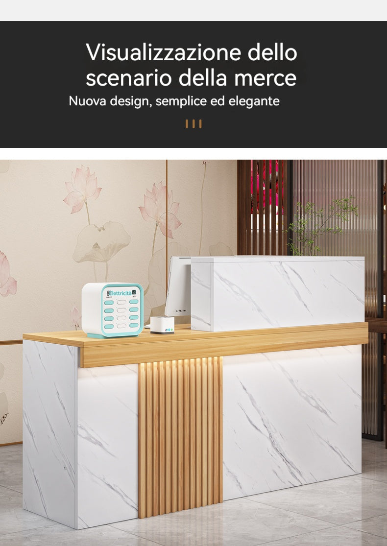 Bancone Reception Moderno in Effetto Marmo con Dettagli in Legno – Design Elegante per Negozio, Studio Estetico 120*110*45