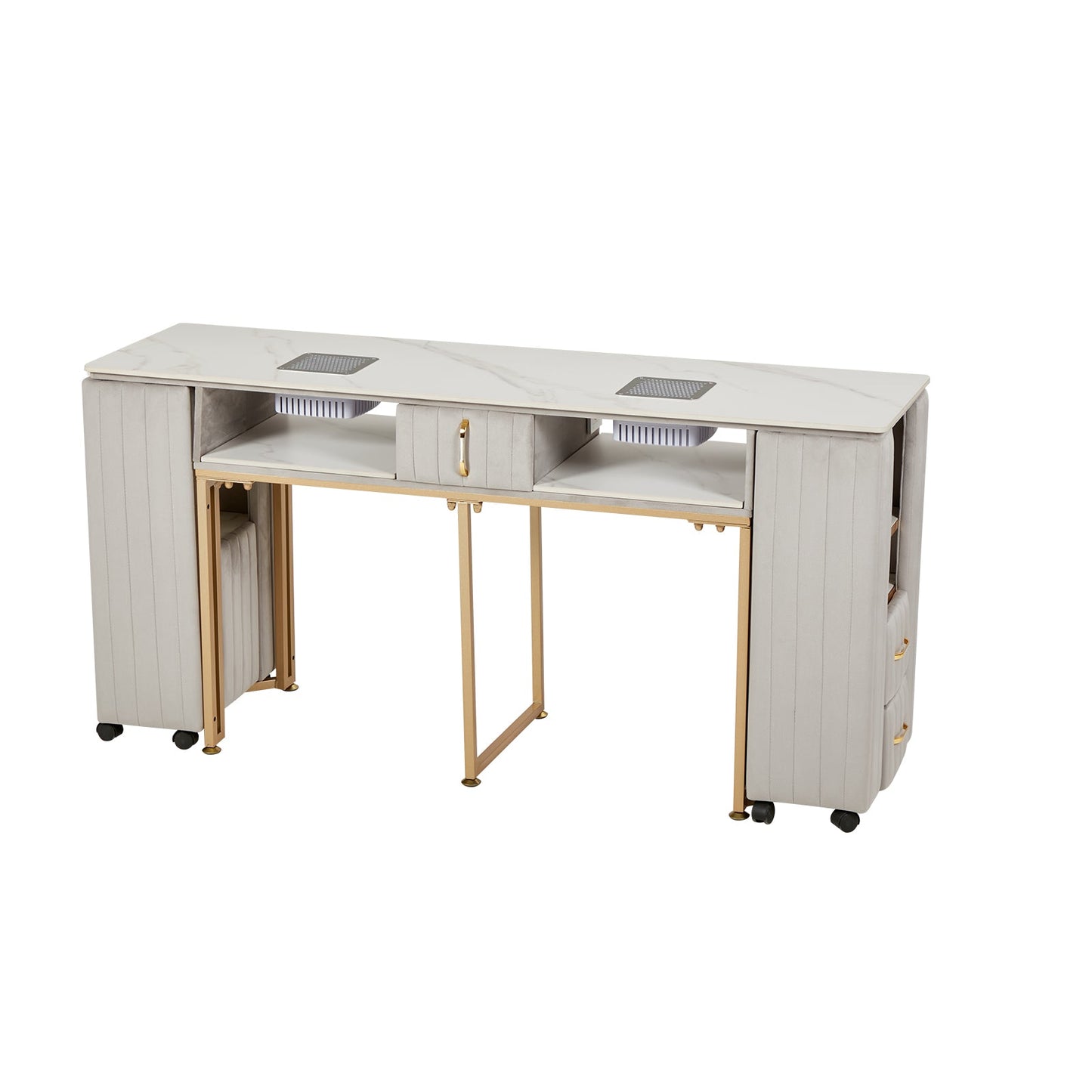 Tavolo per Manicure Professionale per Ricostruzione Unghie e Onicotecnica con 3 cassetti, aspiratore Integrato, Alimentazione Interna e Caricabatterie