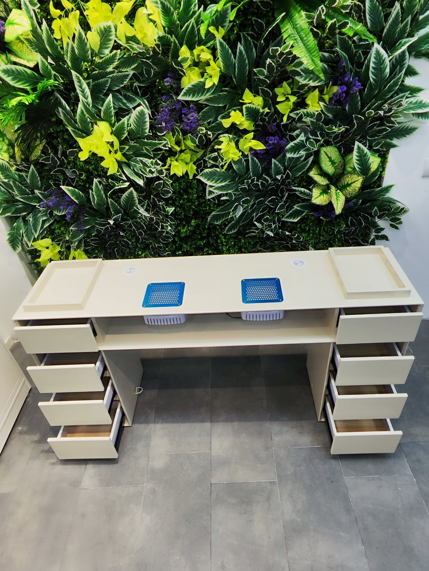 Tavolo da Manicure in Legno Massello Color Crema | Con Aspirapolvere ad Alta Potenza & Lampada a Induzione per Asciugatura | 100*40*78cm | 4 Cassetti + Ripiano Fisso | Perfetto per Professionisti