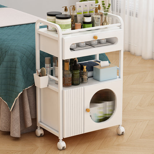 Carrello per centro estetico residenziale con rotelle e 1 cassetto, 1 armadietto trasparente, carrello bianco, carrello per salone di bellezza, carrello da lavoro moderno per bagno soggiorno
