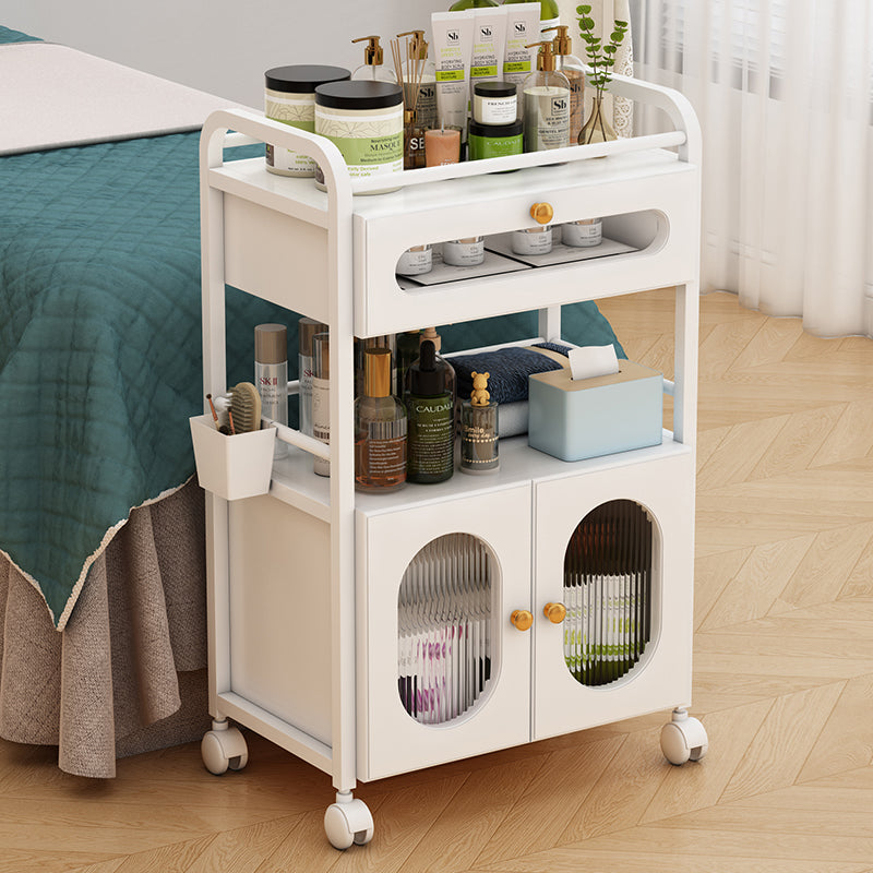 Carrello per centro estetico residenziale con rotelle e 1 cassetto, 1 armadietto trasparente, carrello bianco, carrello per salone di bellezza, carrello da lavoro moderno per bagno soggiorno