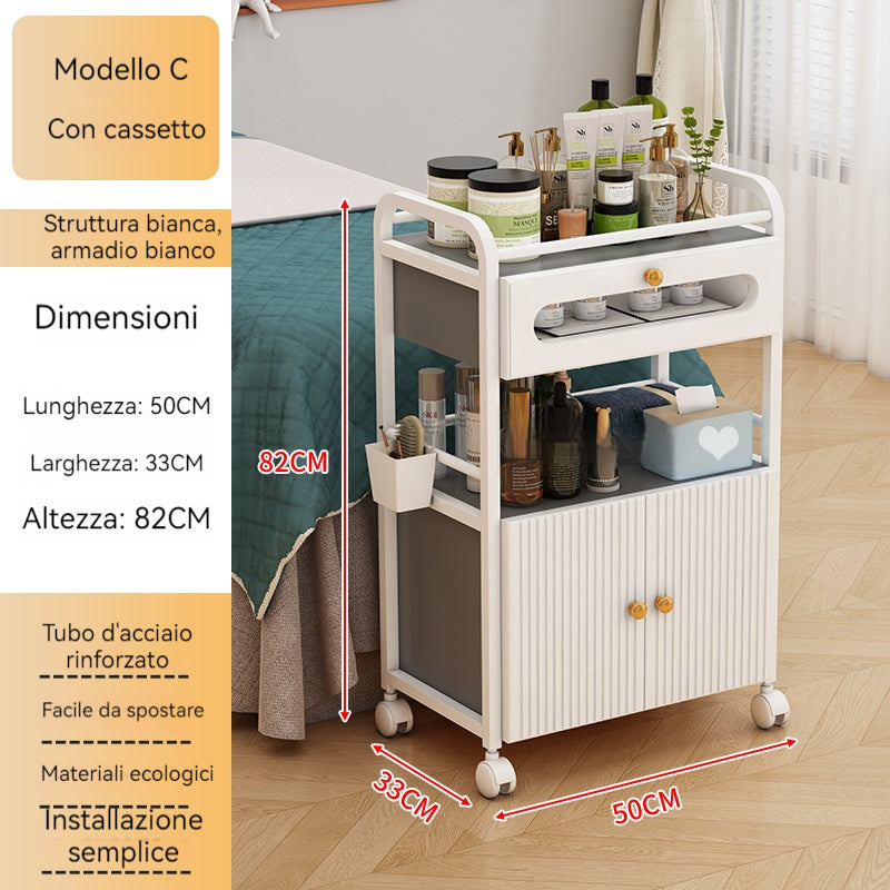 Carrello per centro estetico residenziale con rotelle e 1 cassetto, 1 armadietto trasparente, carrello bianco, carrello per salone di bellezza, carrello da lavoro moderno per bagno soggiorno