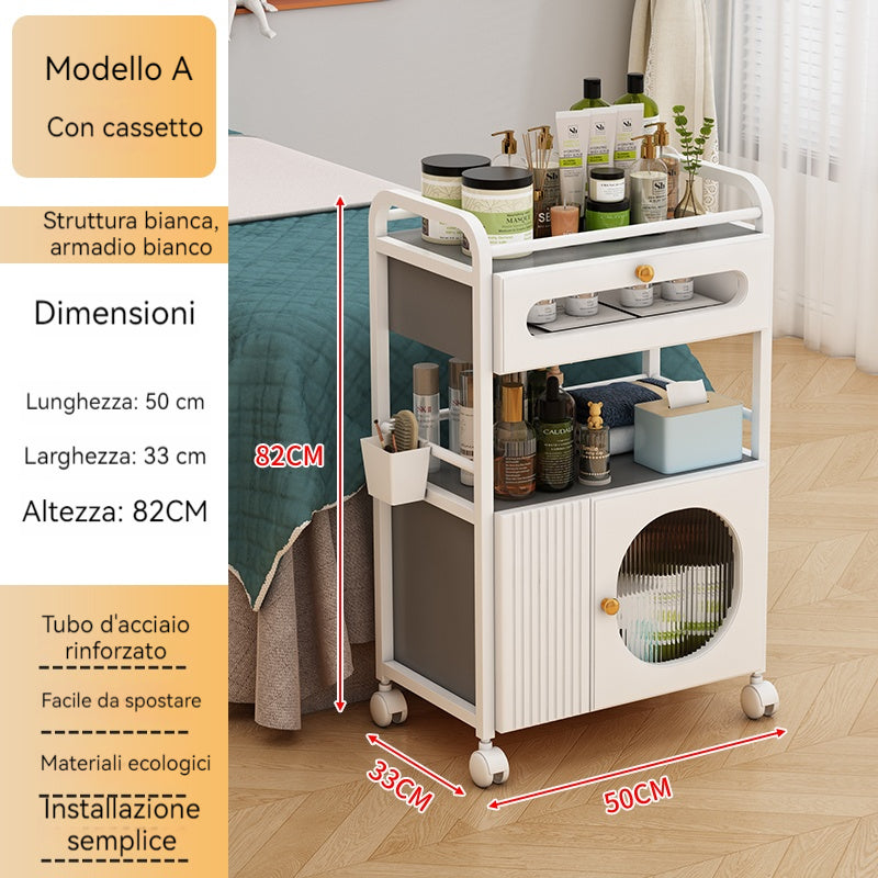 Carrello per centro estetico residenziale con rotelle e 1 cassetto, 1 armadietto trasparente, carrello bianco, carrello per salone di bellezza, carrello da lavoro moderno per bagno soggiorno
