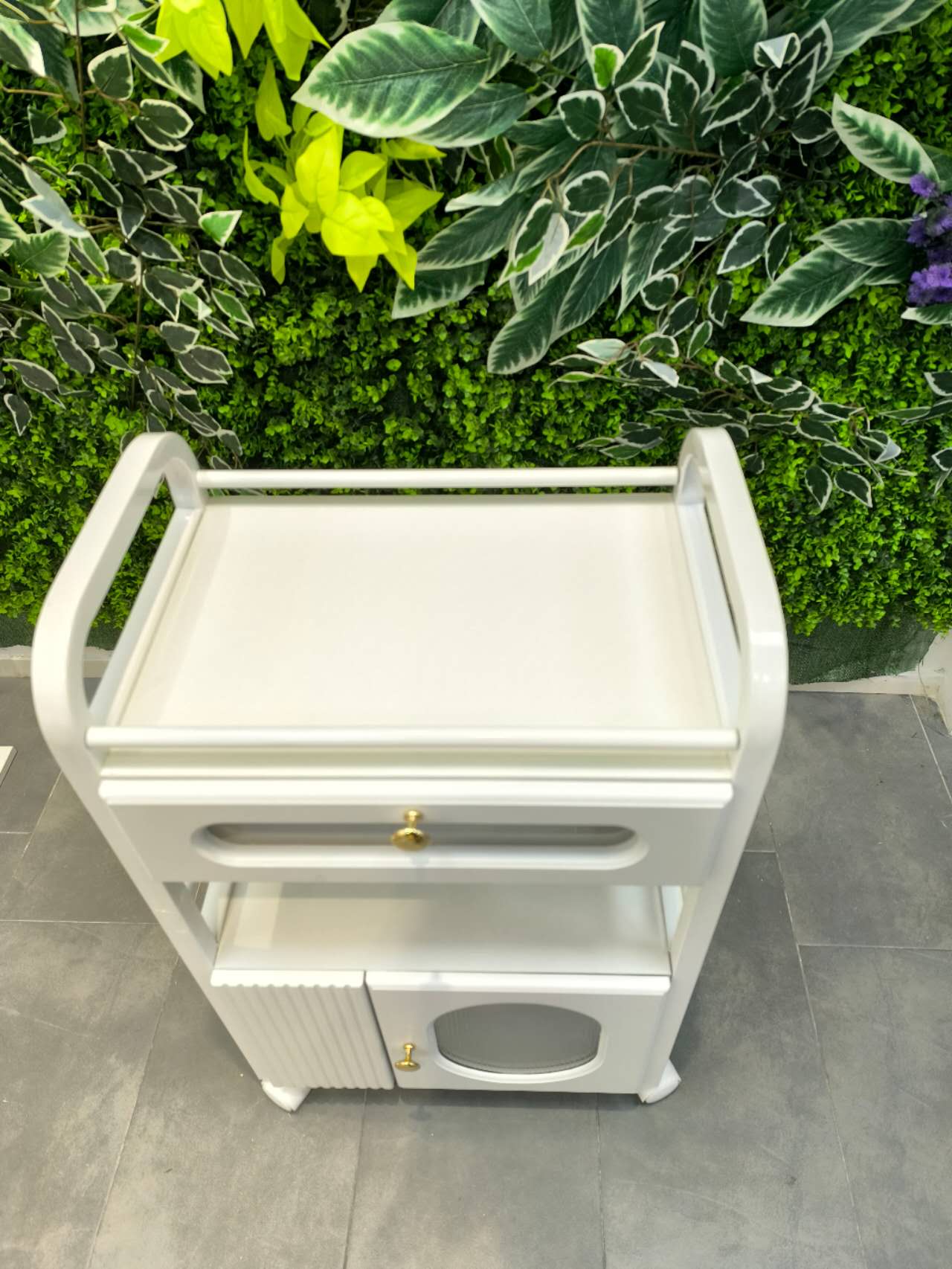 Carrello per centro estetico residenziale con rotelle e 1 cassetto, 1 armadietto trasparente, carrello bianco, carrello per salone di bellezza, carrello da lavoro moderno per bagno soggiorno