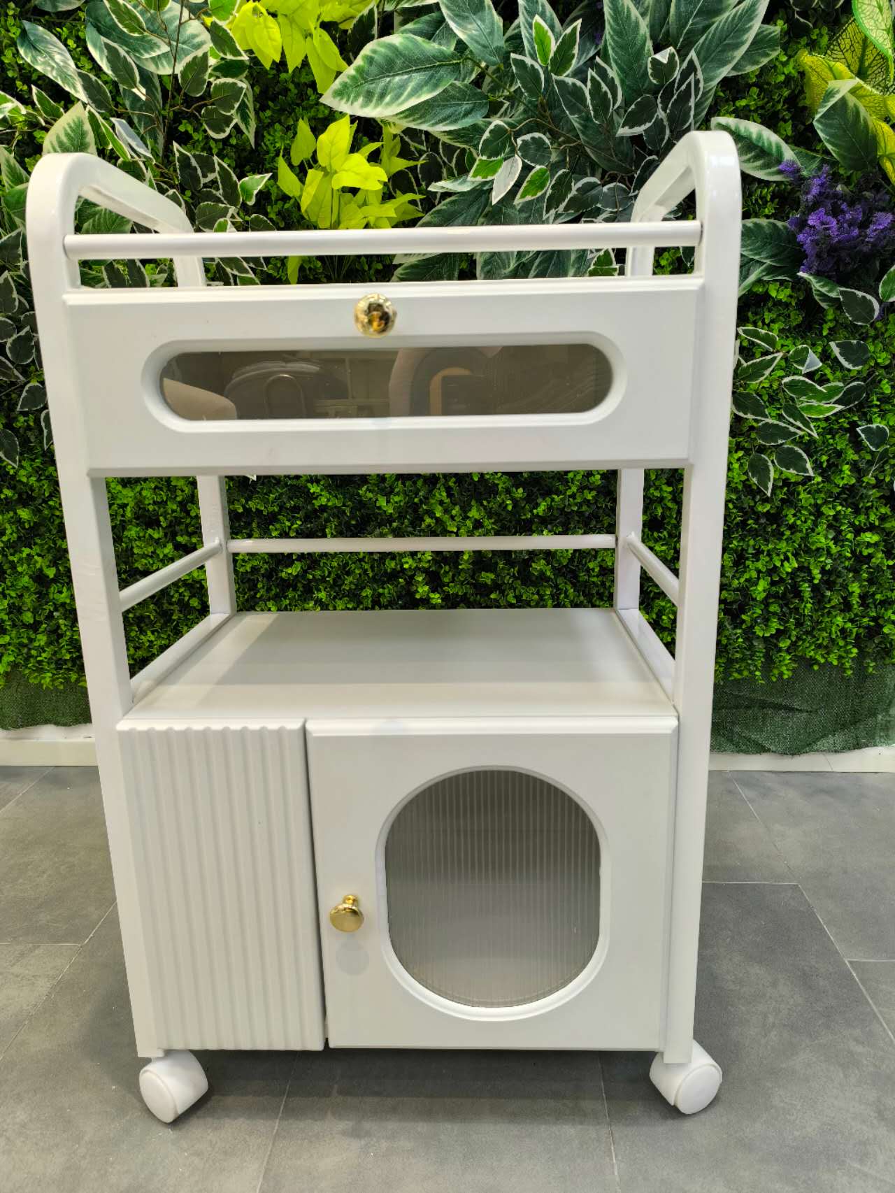 Carrello per centro estetico residenziale con rotelle e 1 cassetto, 1 armadietto trasparente, carrello bianco, carrello per salone di bellezza, carrello da lavoro moderno per bagno soggiorno