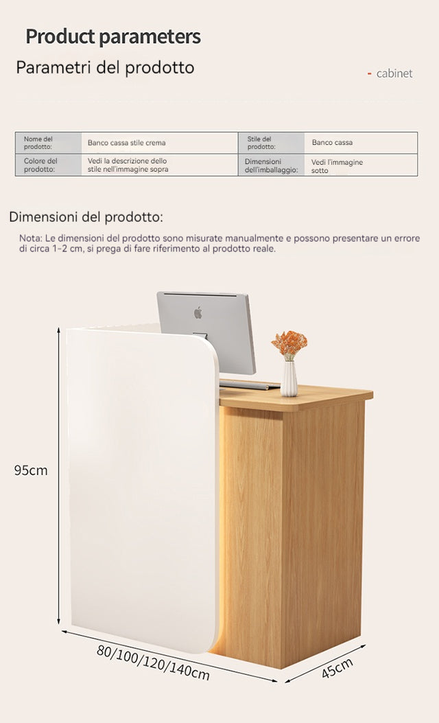 Bancone cassa piccolo e moderno Dotato di luci LED Cassetti con serratura per garantire la sicurezza degli oggetti di valore Ideale per negozi centri estetici e parrucchieri.Color bianco 95*45*100/140