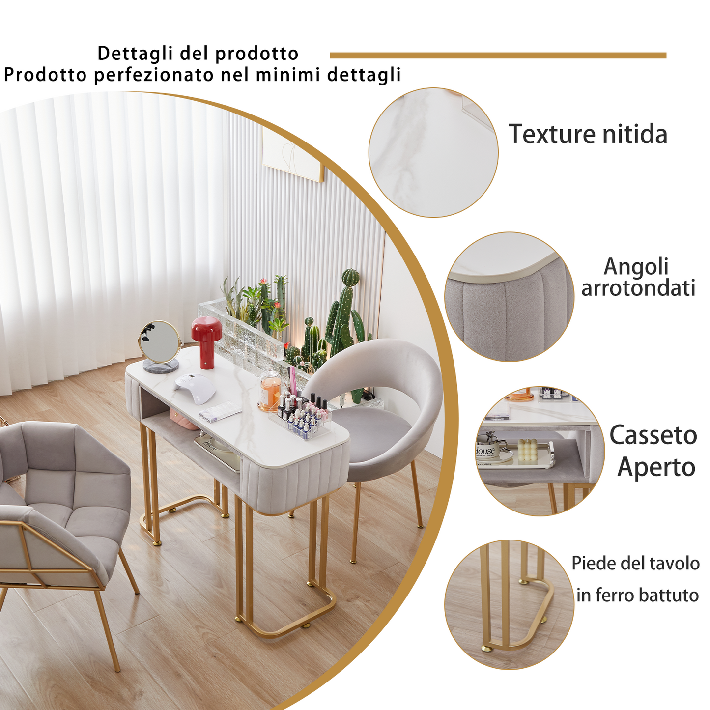 Tavolo per Manicure Semplice Ed Elegante con Piano in Marmo e Struttura in Metallo - Dimensioni Singolo 100x40x78 cm Doppio 160x40x78 cm