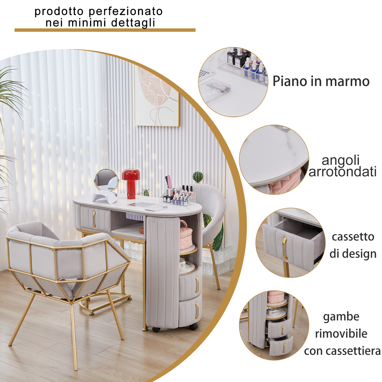 Tavolo per unghie di lusso leggero con piano in marmo Hoover singolo