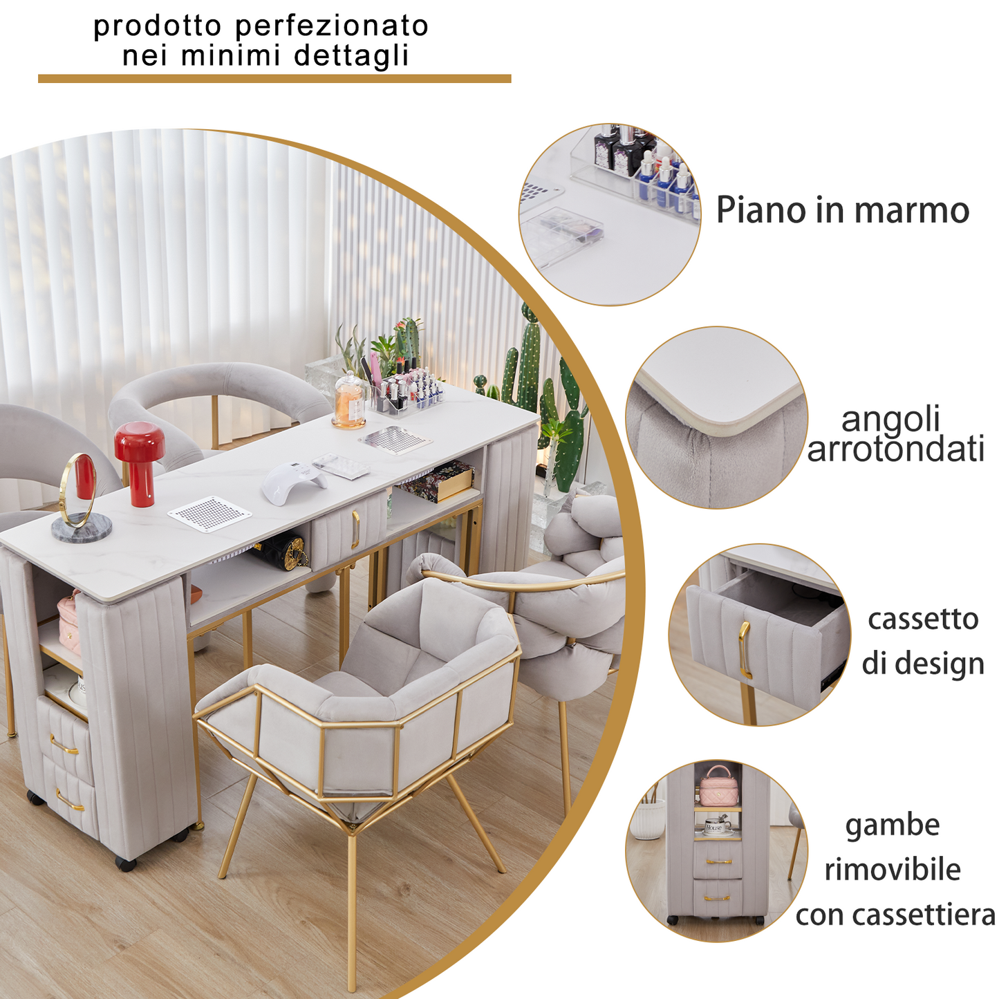 Tavolo per Manicure Professionale per Ricostruzione Unghie e Onicotecnica con 3 cassetti, aspiratore Integrato, Alimentazione Interna e Caricabatterie
