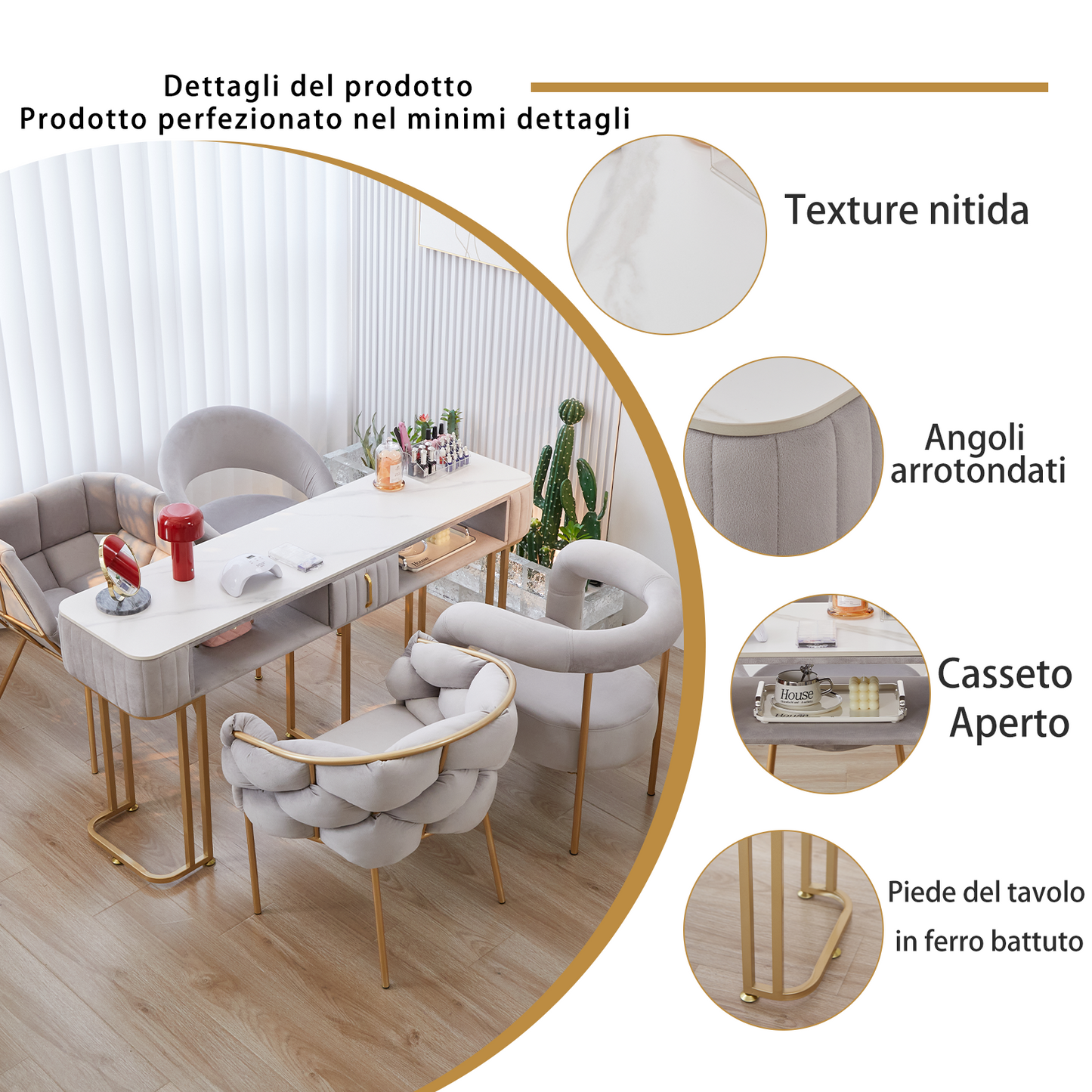 Tavolo per Manicure Semplice Ed Elegante con Piano in Marmo e Struttura in Metallo - Dimensioni Singolo 100x40x78 cm Doppio 160x40x78 cm