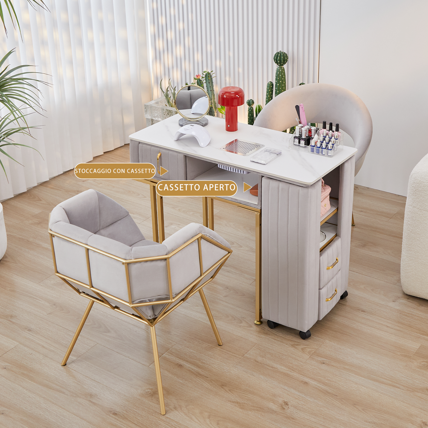 Tavolo per Manicure Professionale per Ricostruzione Unghie e Onicotecnica con 3 cassetti, aspiratore Integrato, Alimentazione Interna e Caricabatterie