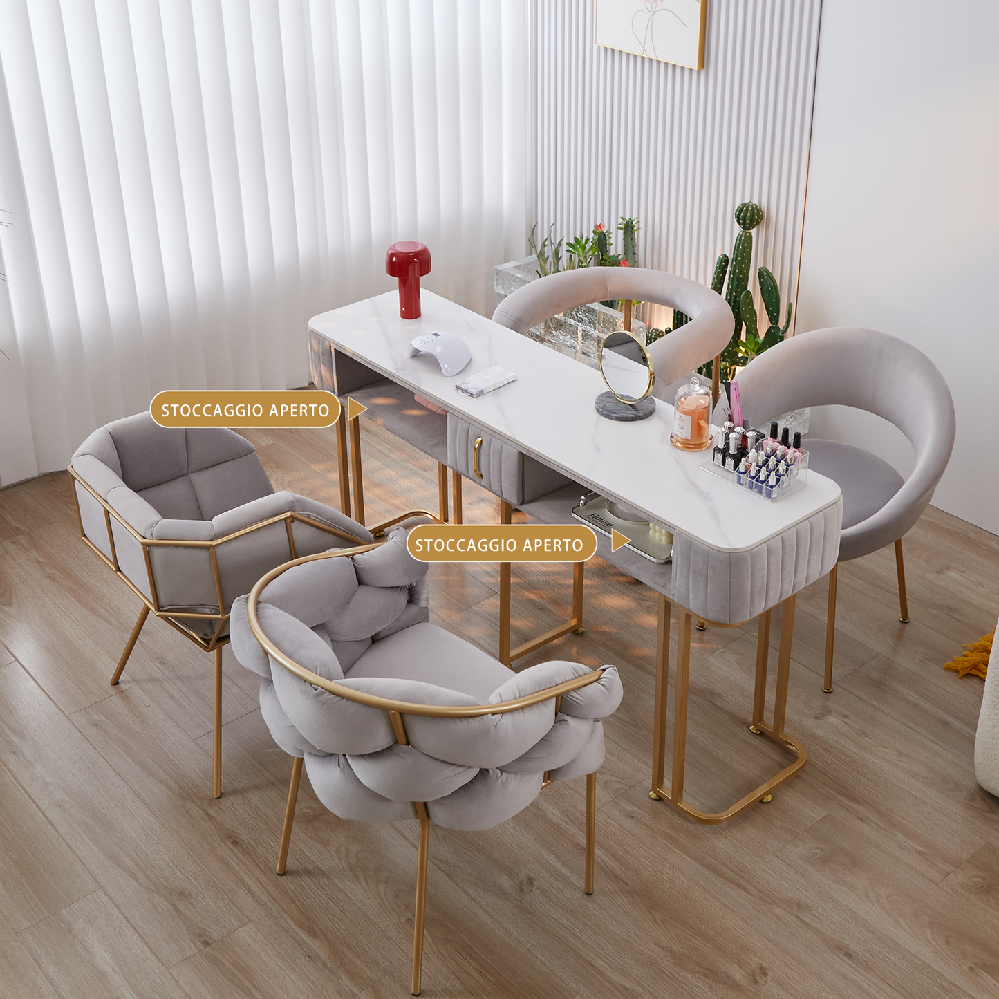 Tavolo per Manicure Semplice Ed Elegante con Piano in Marmo e Struttura in Metallo - Dimensioni Singolo 100x40x78 cm Doppio 160x40x78 cm