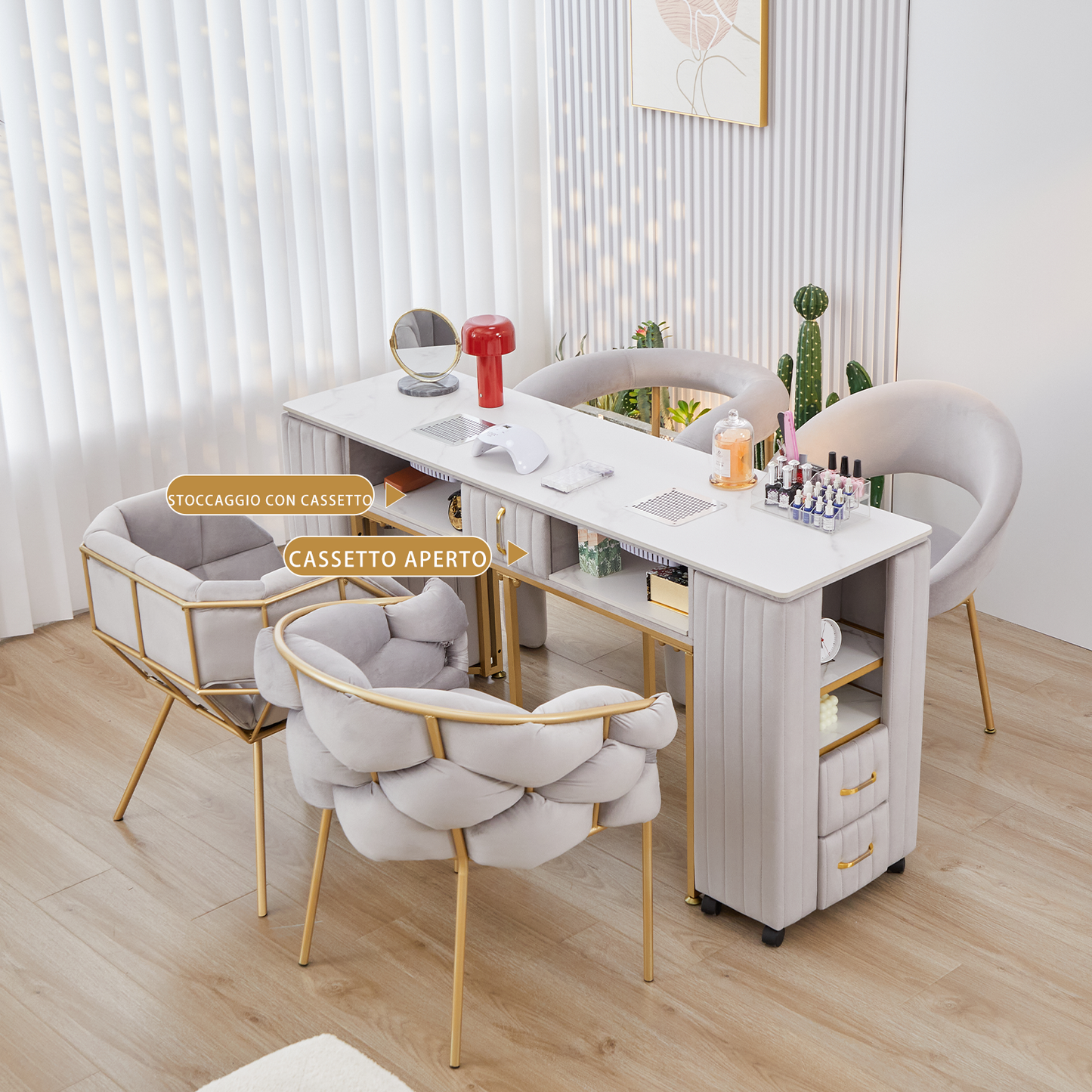 Tavolo per Manicure Professionale per Ricostruzione Unghie e Onicotecnica con 3 cassetti, aspiratore Integrato, Alimentazione Interna e Caricabatterie