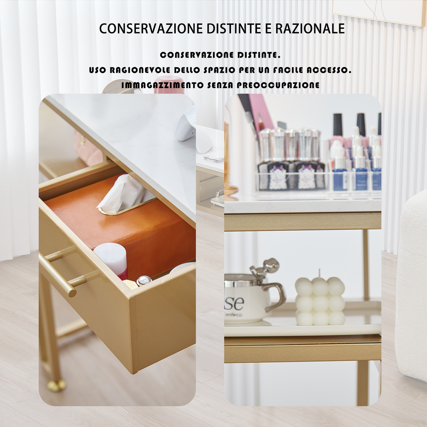 Tavolo per Unghie - Struttura in Metallo Resistente, Design Elegante, Piano in Marmo, Ampio Spazio, Montaggio Facile. singola(40 * 120 * 78CM, oro).doppia(40 * 160 * 78CM, oro)…