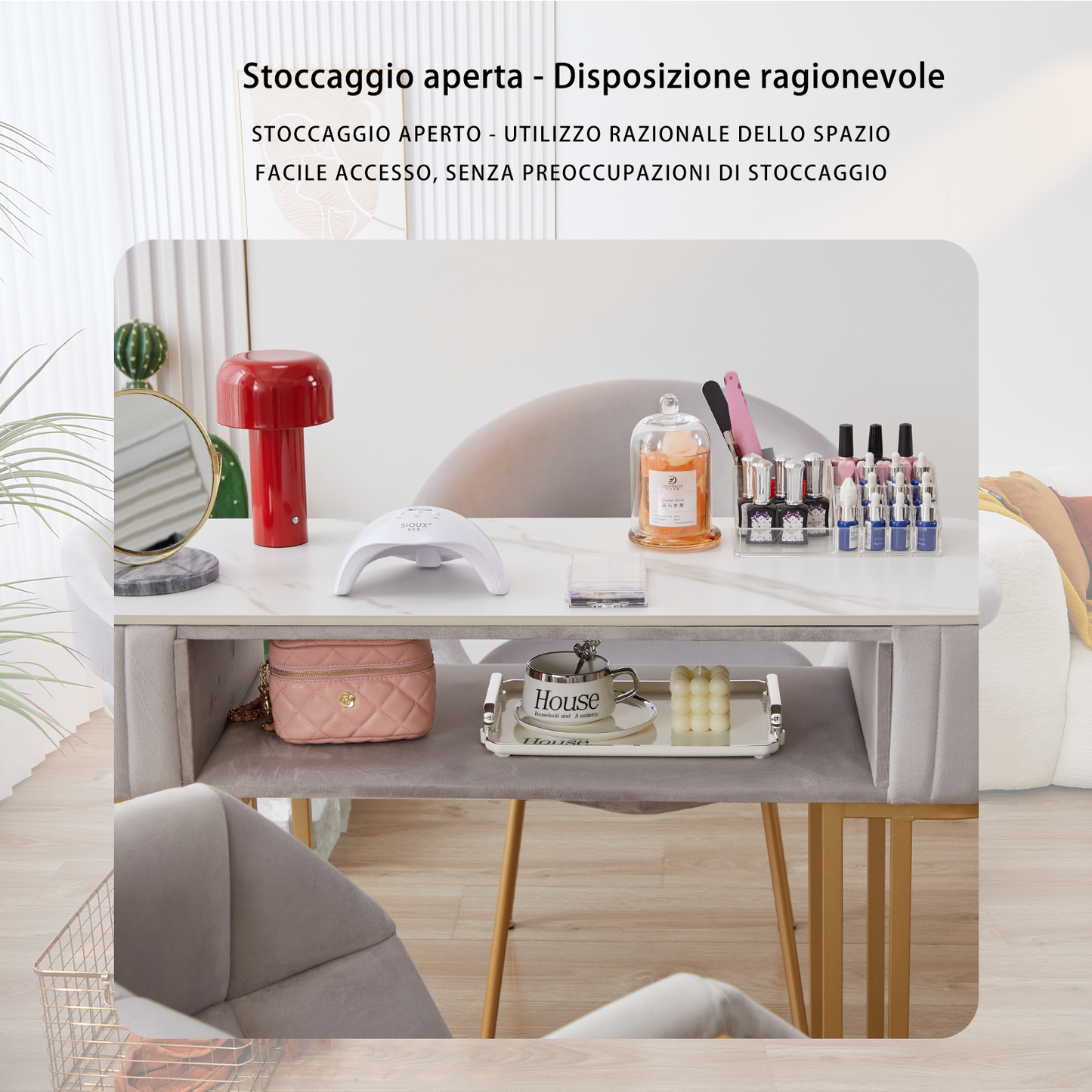 Tavolo per Manicure Semplice Ed Elegante con Piano in Marmo e Struttura in Metallo - Dimensioni Singolo 100x40x78 cm Doppio 160x40x78 cm