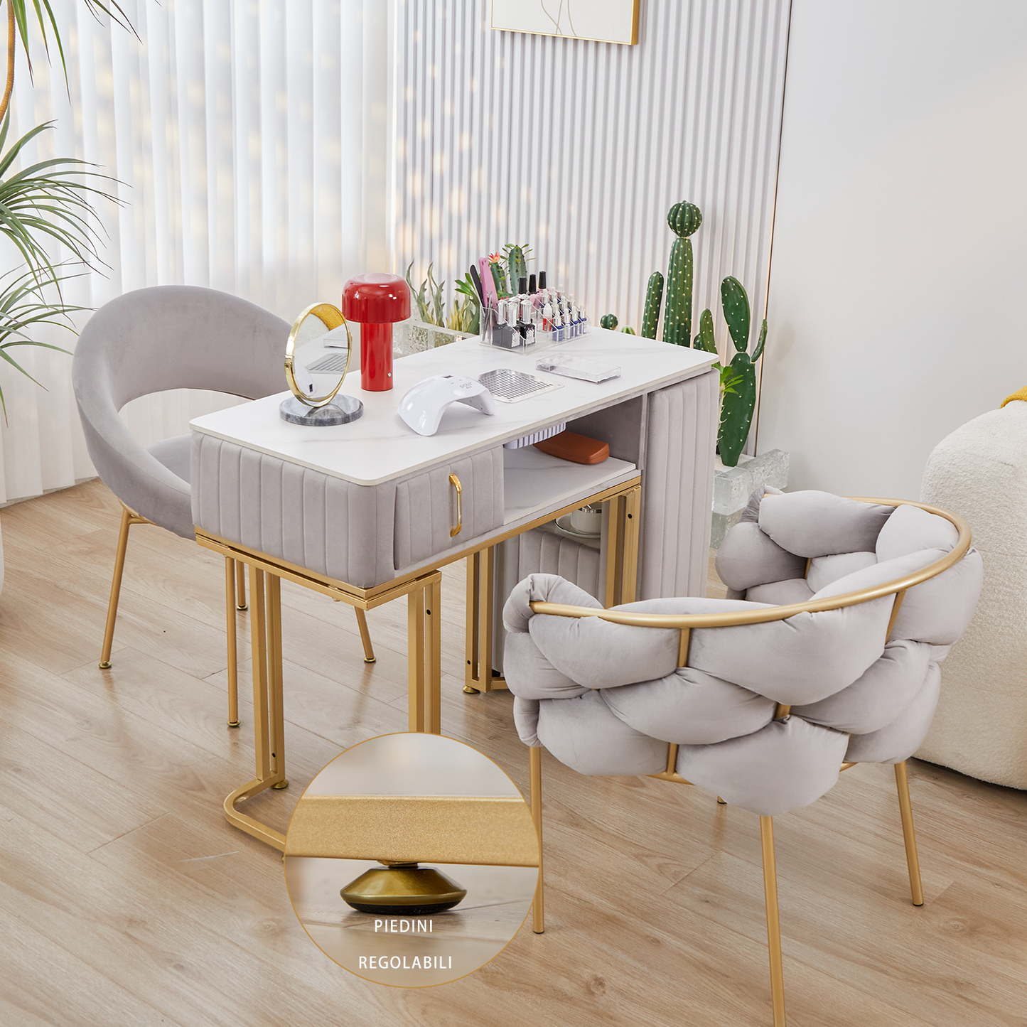 Tavolo per Manicure Professionale per Ricostruzione Unghie e Onicotecnica con 3 cassetti, aspiratore Integrato, Alimentazione Interna e Caricabatterie