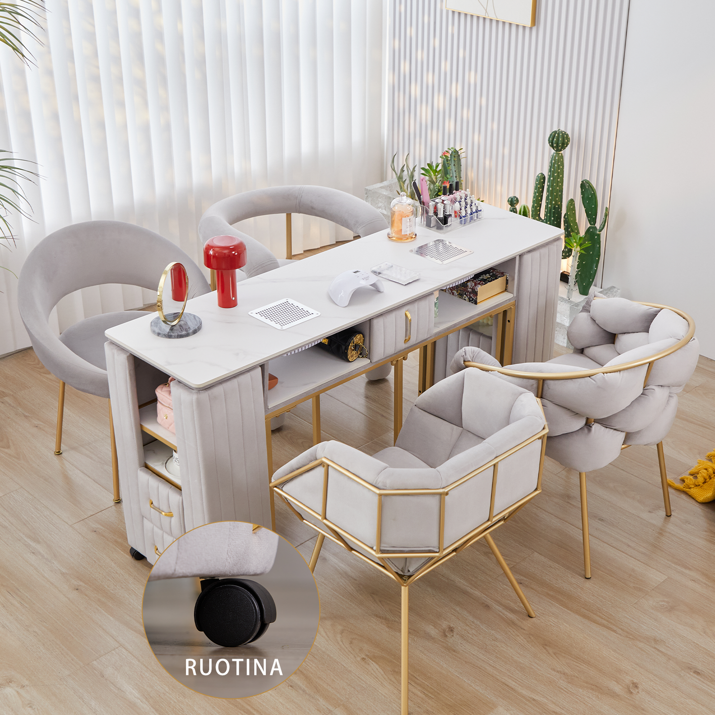 Tavolo per Manicure Professionale per Ricostruzione Unghie e Onicotecnica con 3 cassetti, aspiratore Integrato, Alimentazione Interna e Caricabatterie