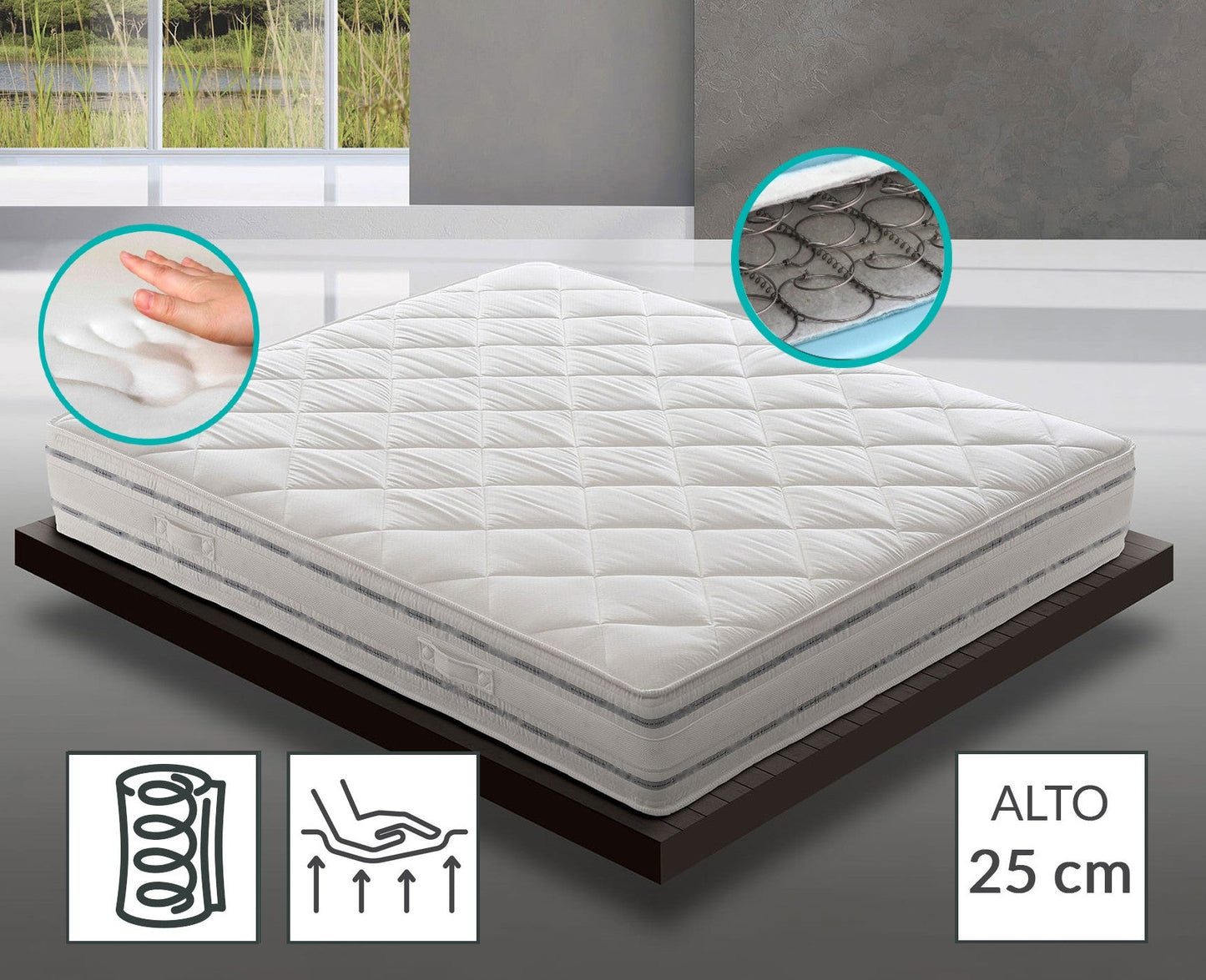 Materasso a Molle Insacchettate + 3 cm Memory Ignifugo Certificato Classe 1 IM H25 cm