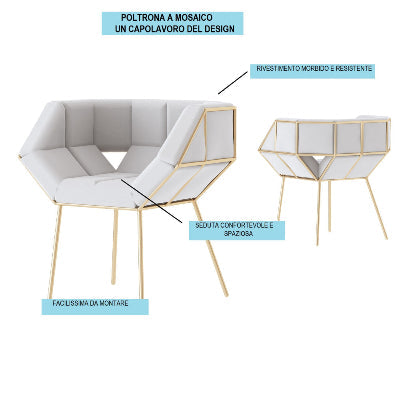 Poltrona a mosaico grigia con rivestimento in tessuto peluche e base in ferro dorato - Dimensioni 45x52x72