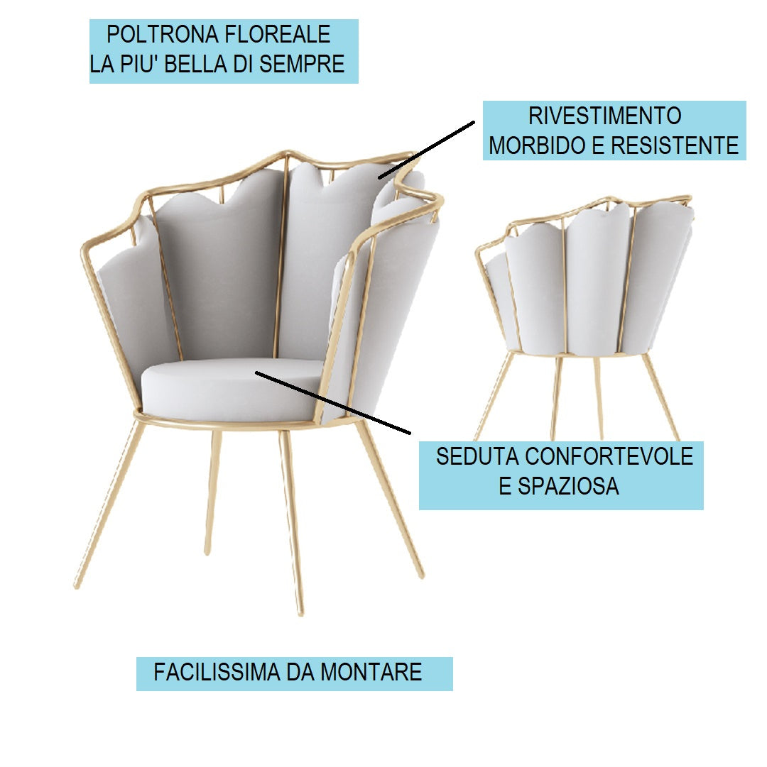 Poltrona Floreale dorata a forma di petalo, dimensioni 73x64x88